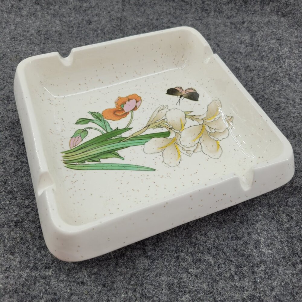 Treasure Craft Tray Square Ceramic Dish butterfly Floral Glazed Vintage Ashtray
